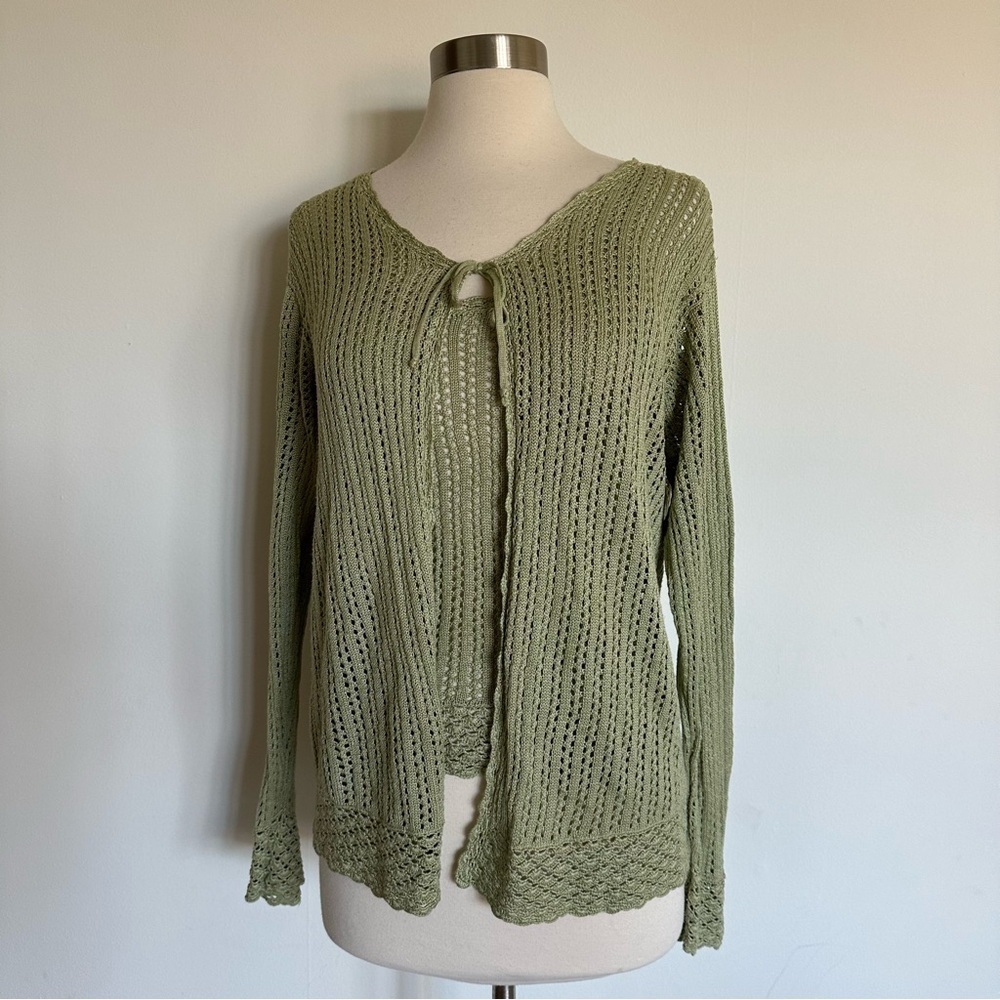 Vintage 100% Silk Crotchet 2 Piece Set Tank Top Cardigan Green Sz S